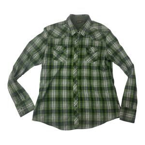 KÜHL size large women's long sleeve Green Plaid Shirt pearl snap button down